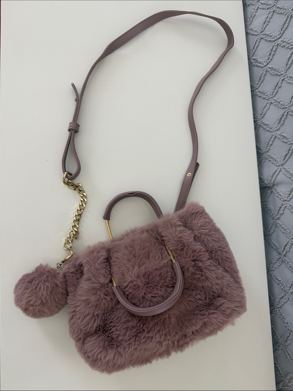 Isaac Mizrahi Mauve Faux Fur Crossbody with Pom Pom Charm